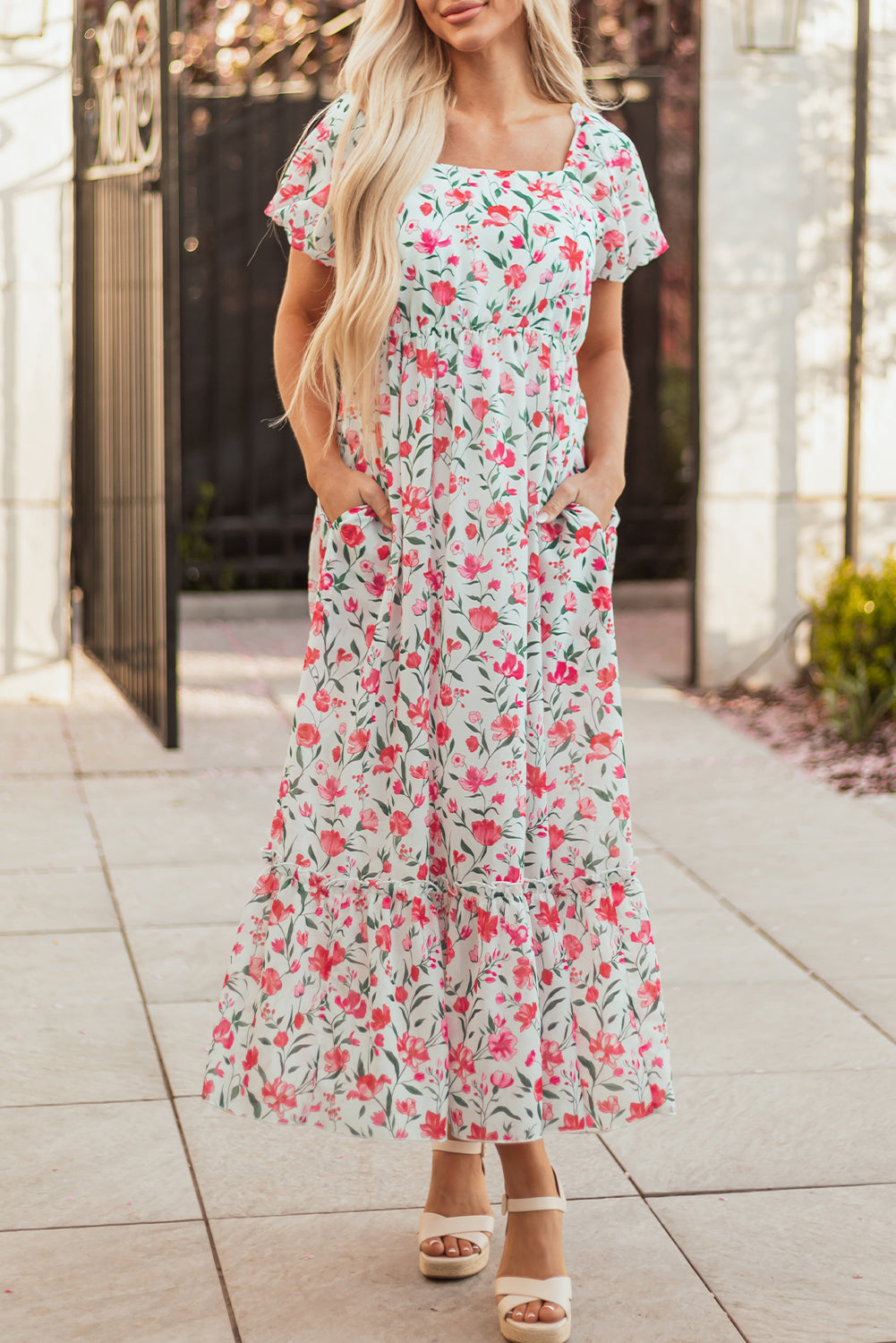Floral Puff Sleeve Square Neck Empire Waist Tiered Maxi Dress