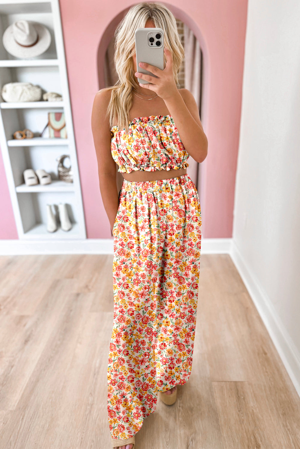 Boho Floral Bandeau Top and High Waist Wide Leg Pants Set