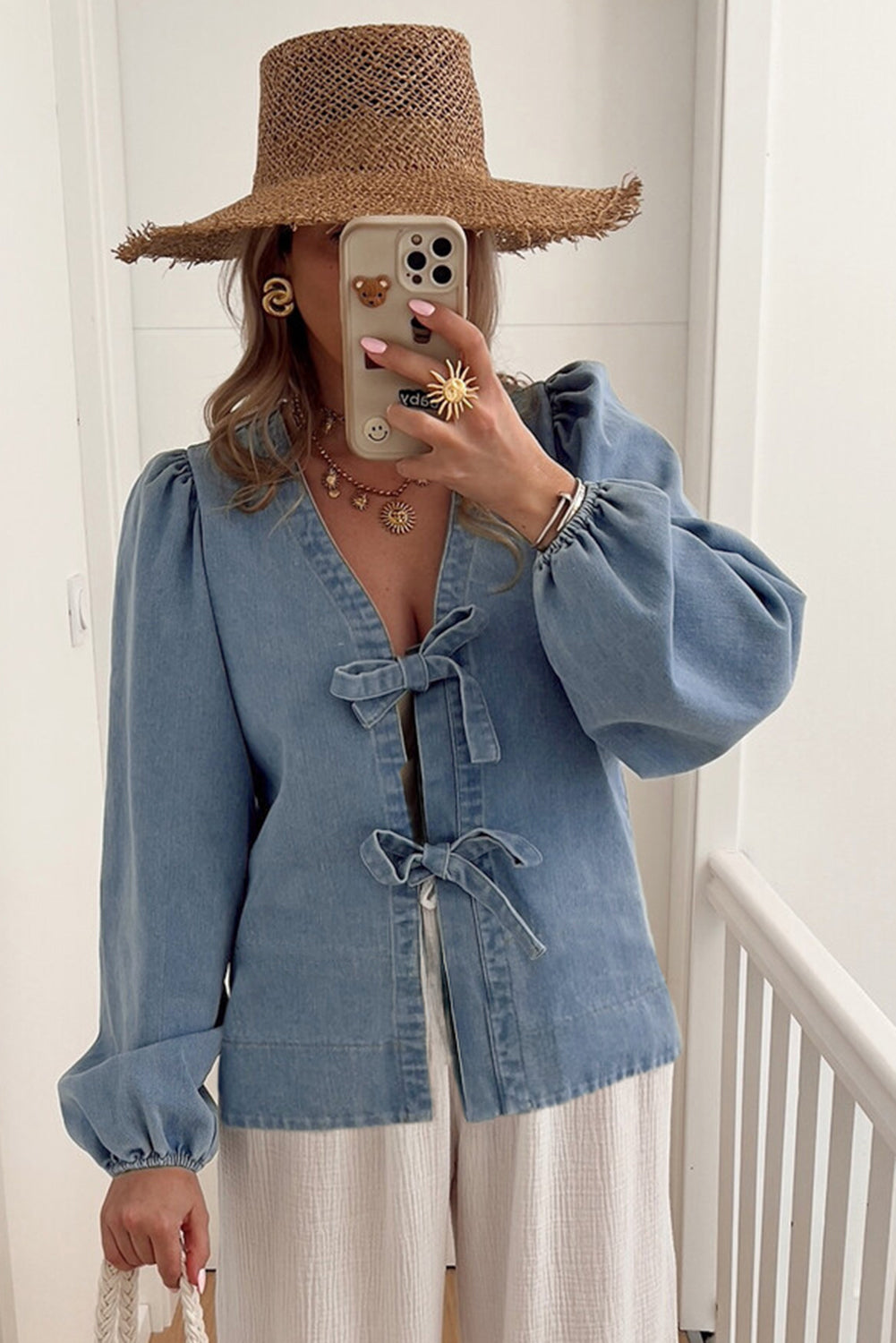 Tied Front Long Puff Sleeve Denim Top