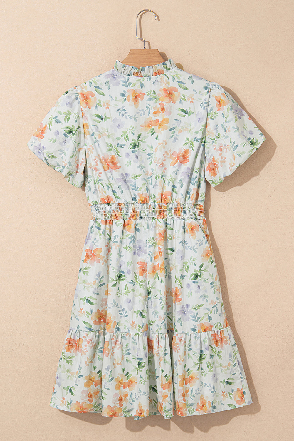 Floral Print Shirred High Waist Puff Sleeve Mini Dress