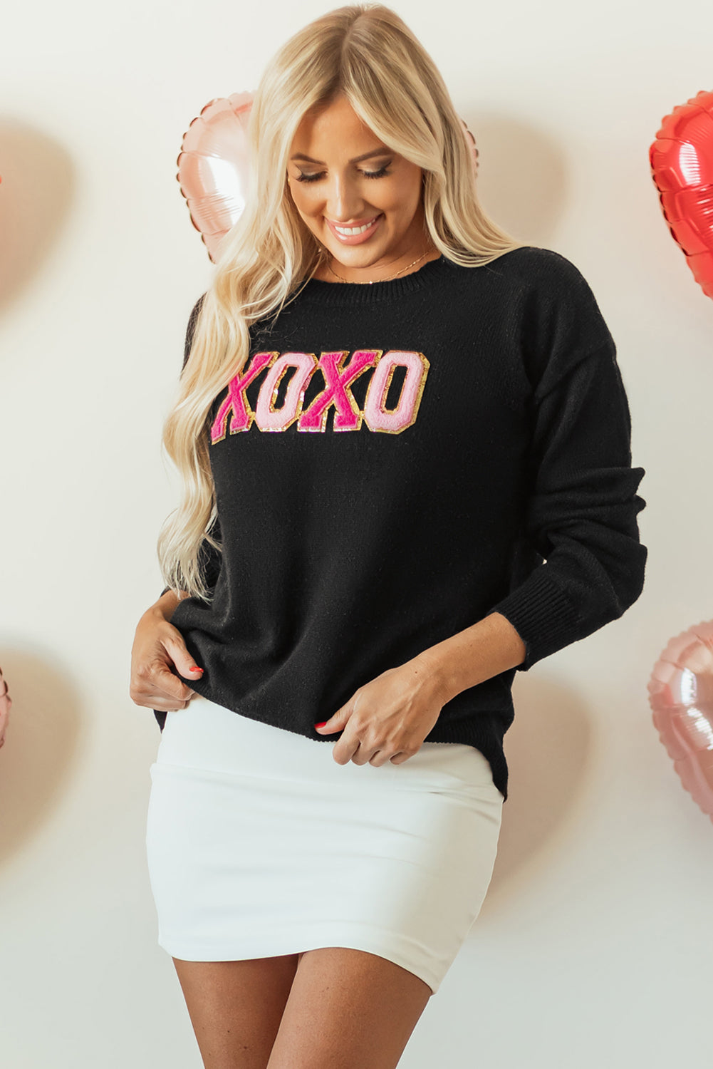 XOXO Glitter Print Round Neck Casual Sweater
