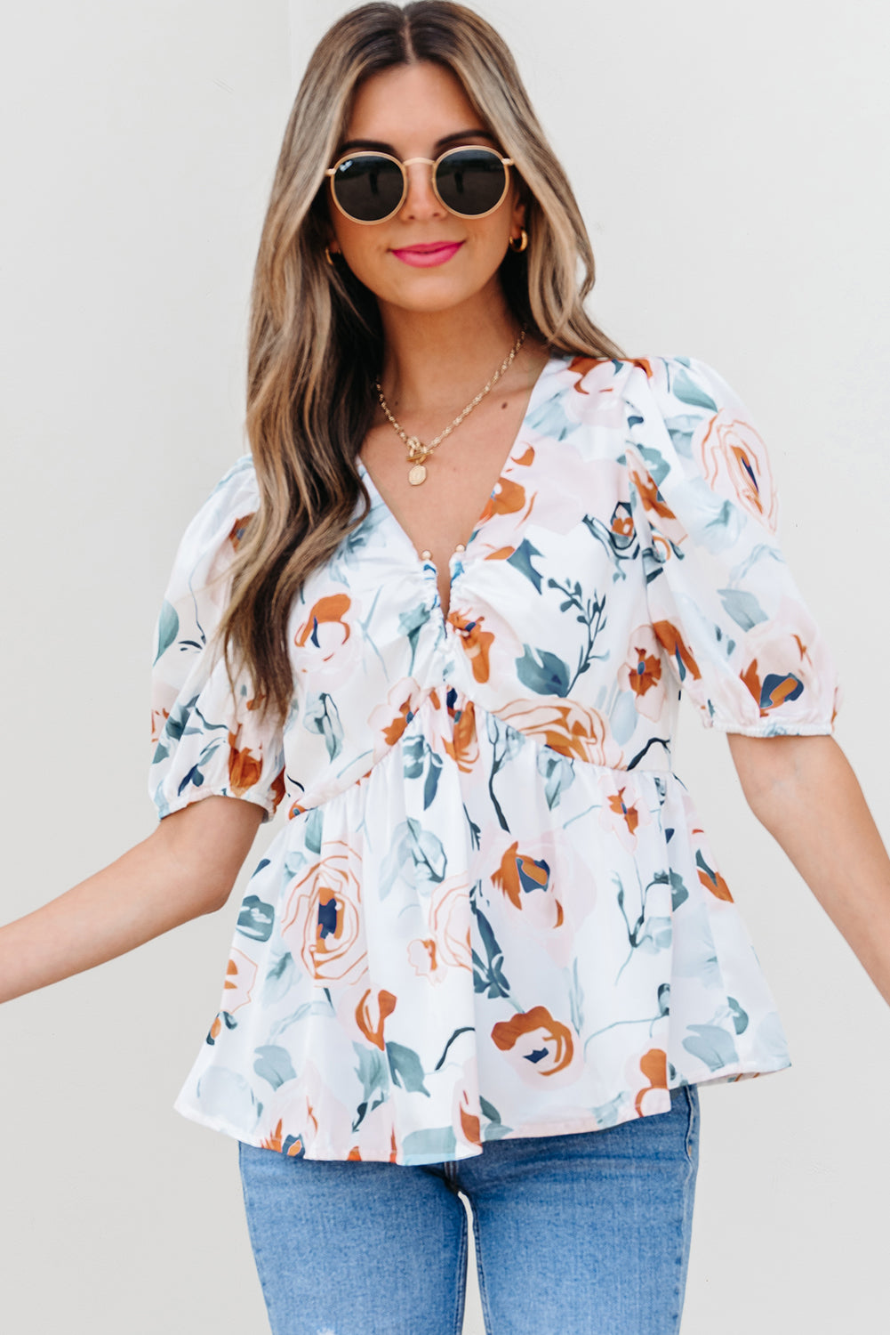 Floral Print Puff Sleeve V Neck Babydoll Blouse