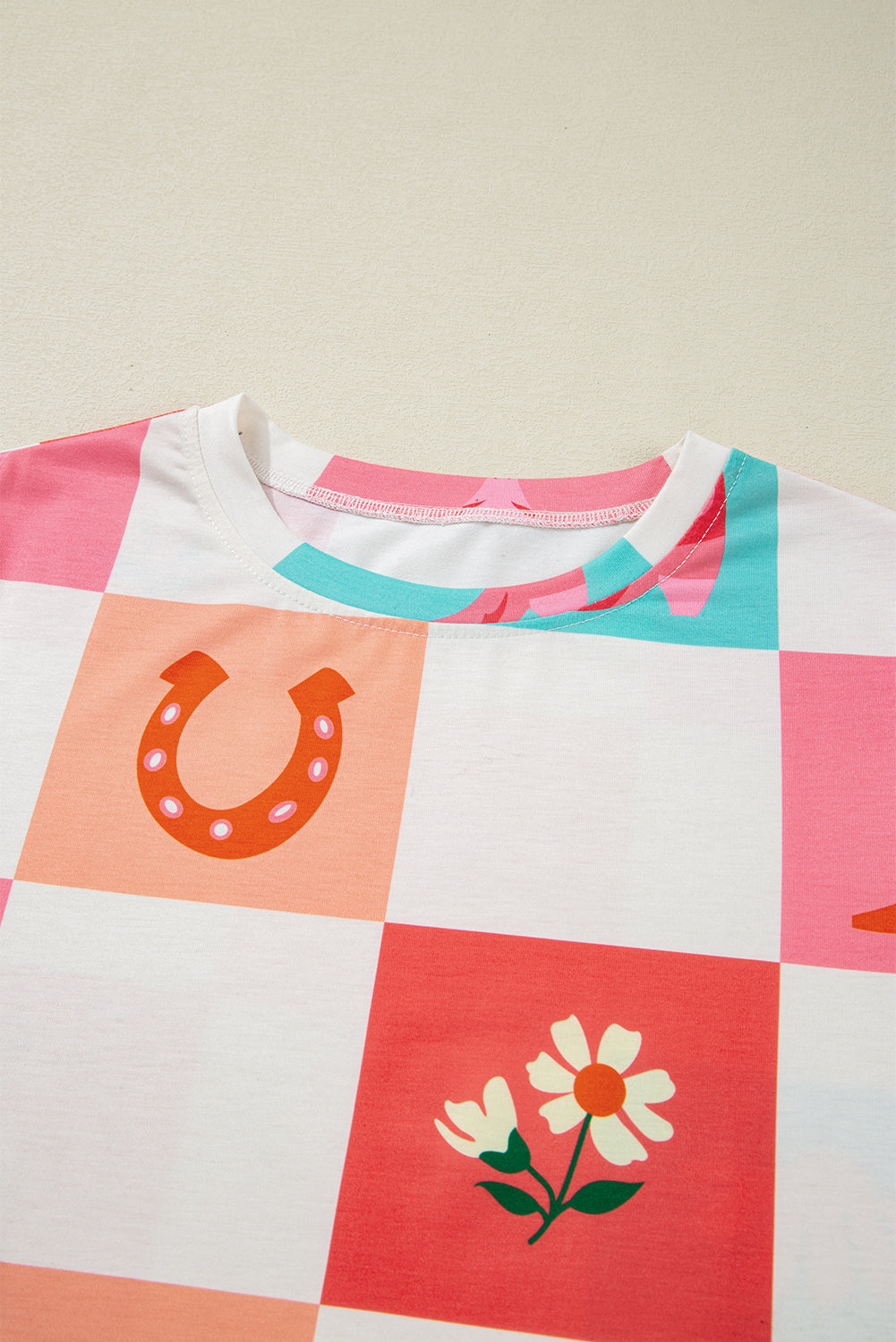 Western Fashion Checker Print Crewneck T Shirt