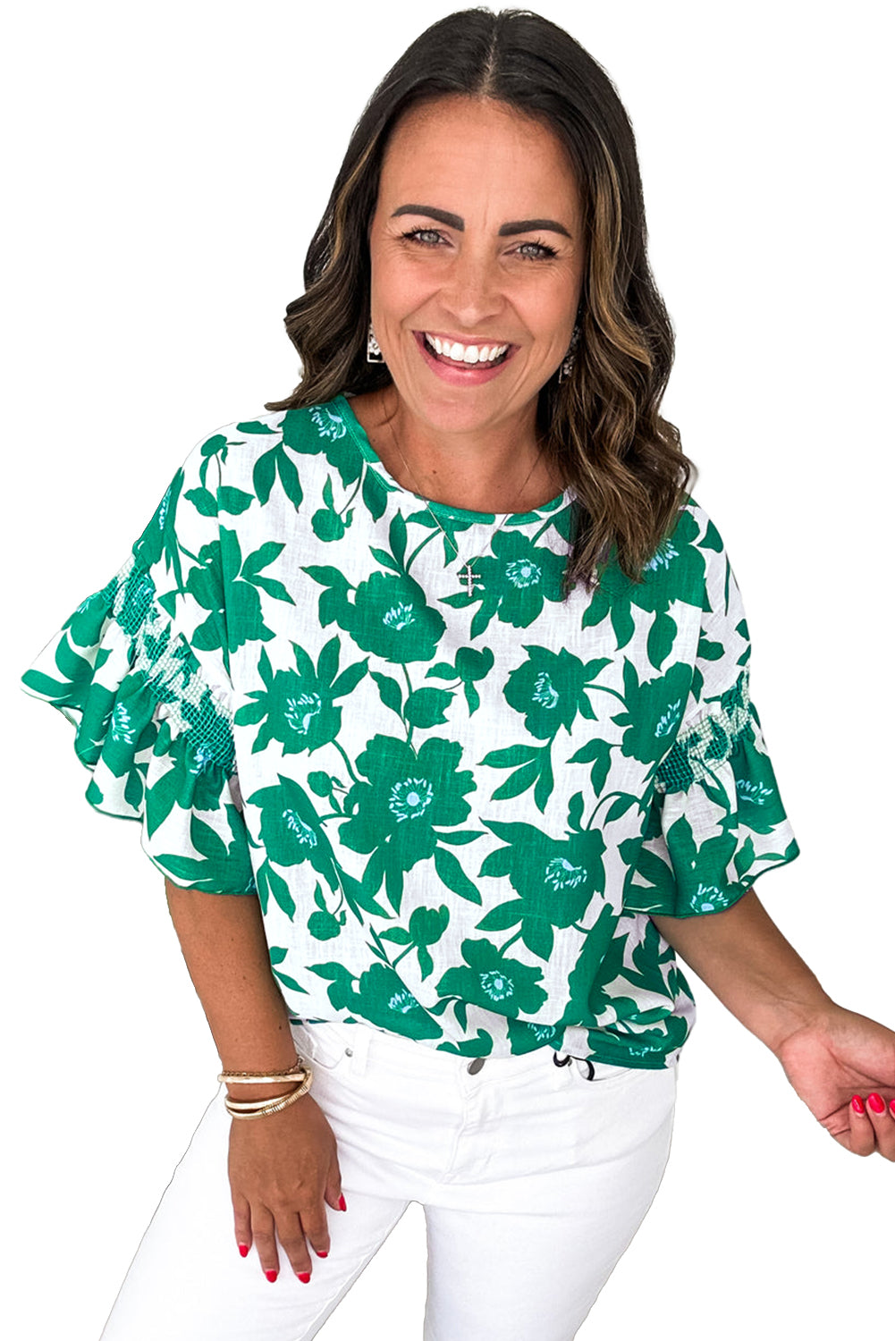 Floral Printed Ruffled Short Sleeve Round Neck Loose Blouse