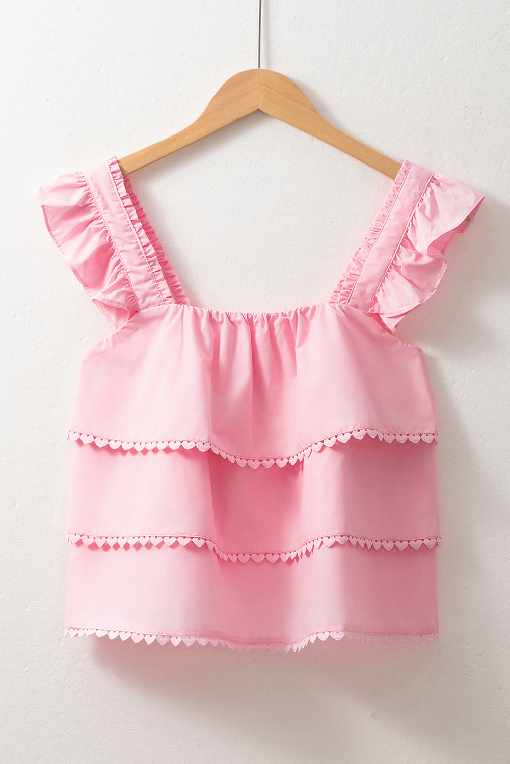 Tiered Heart Trim Square Neck Flutter Top