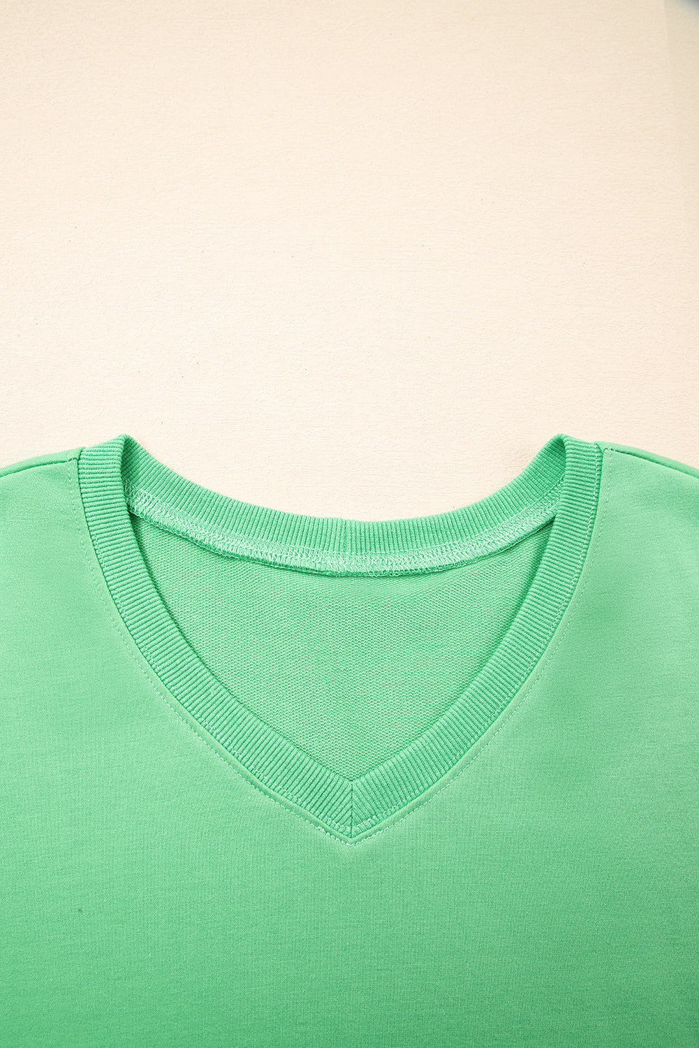 V Neck Drop Shoulder Tee and Patchwork Drawstring Shorts Set