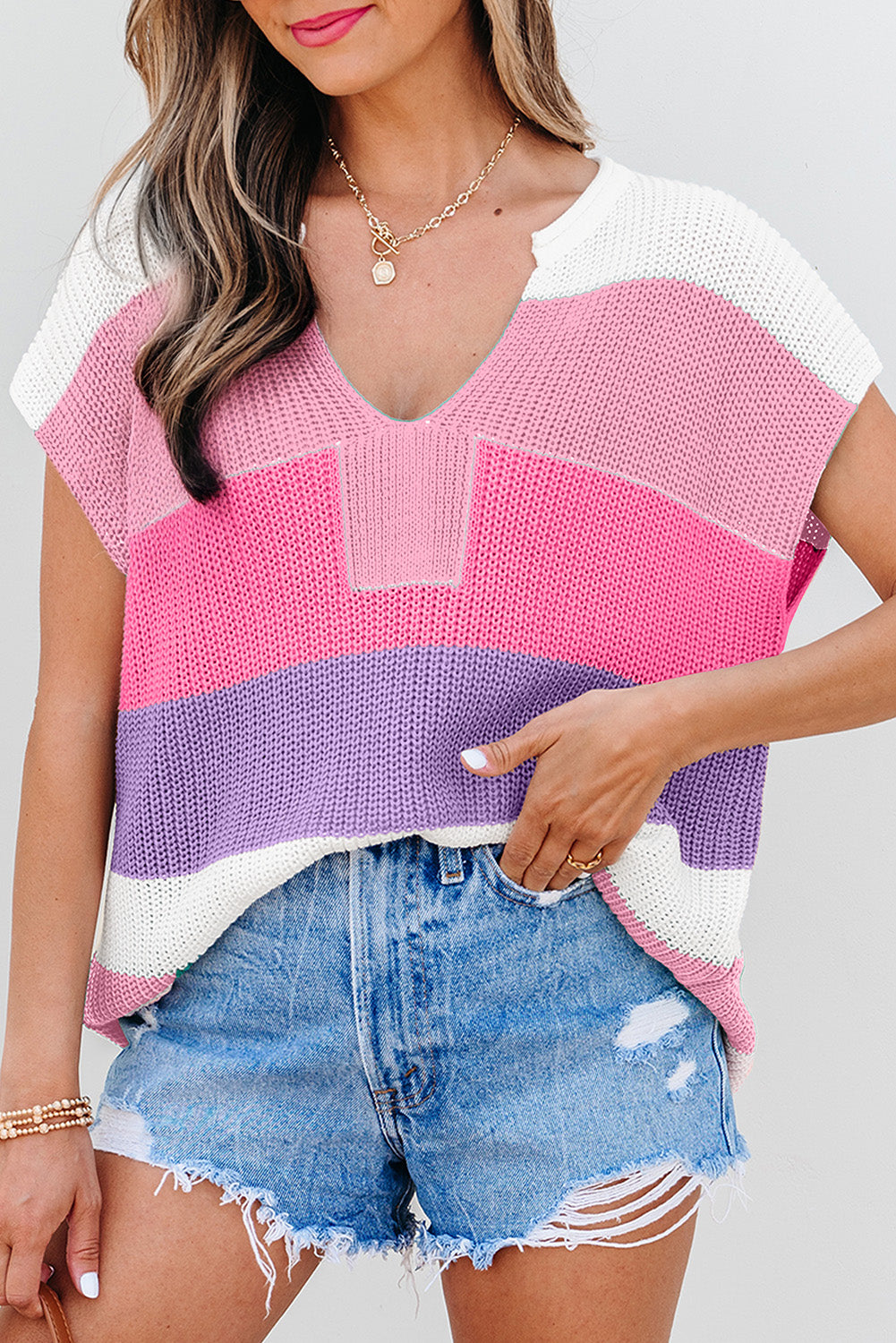 Color Block Notch V Neck Sweater T Shirt