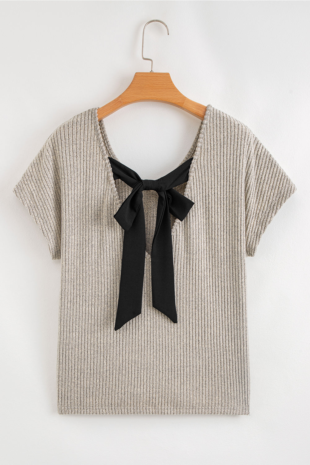 Ribbed Short Sleeve V Neck Colorblock Bow Back Top