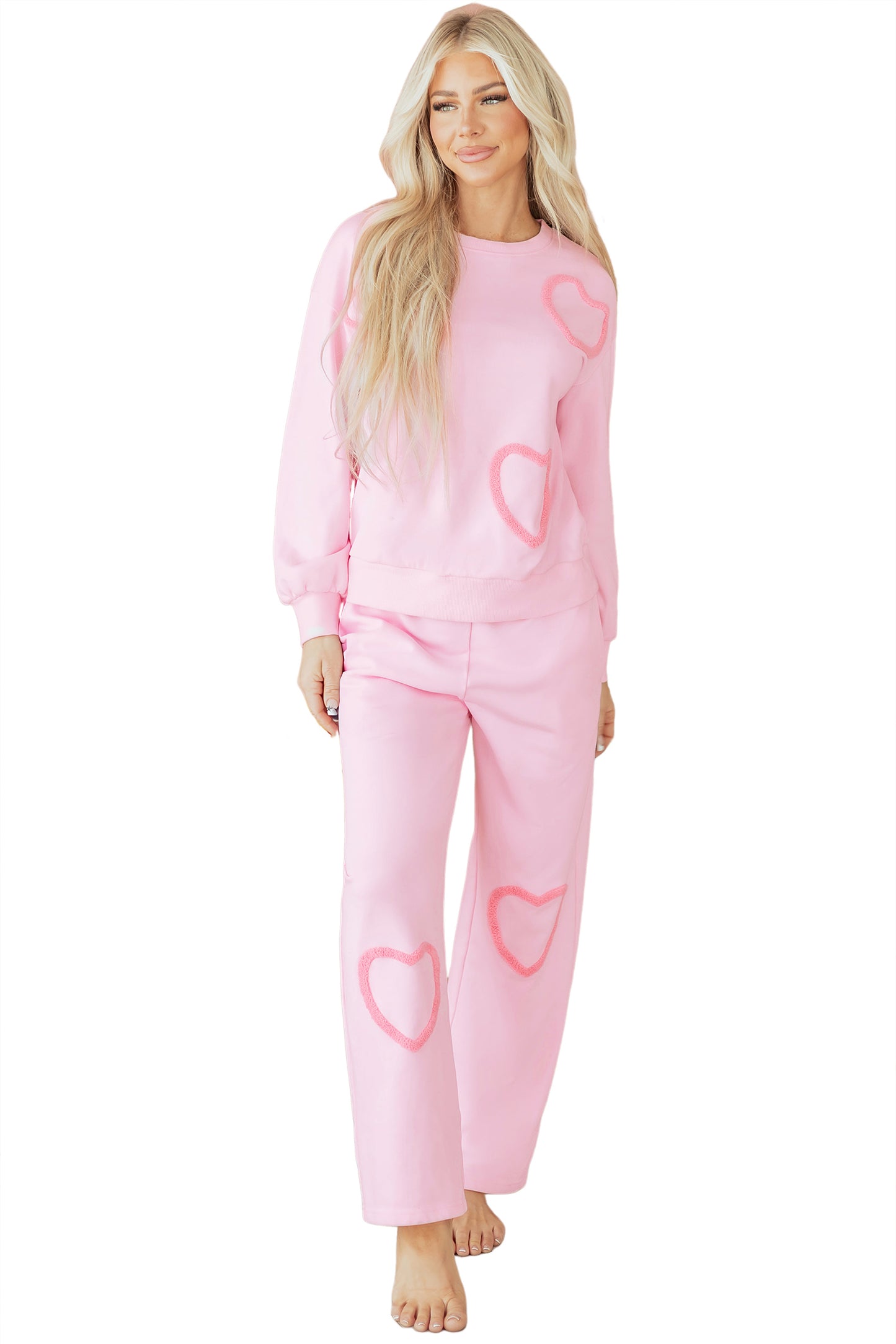 Chenille Heart Pattern Casual 2pcs Pants Set