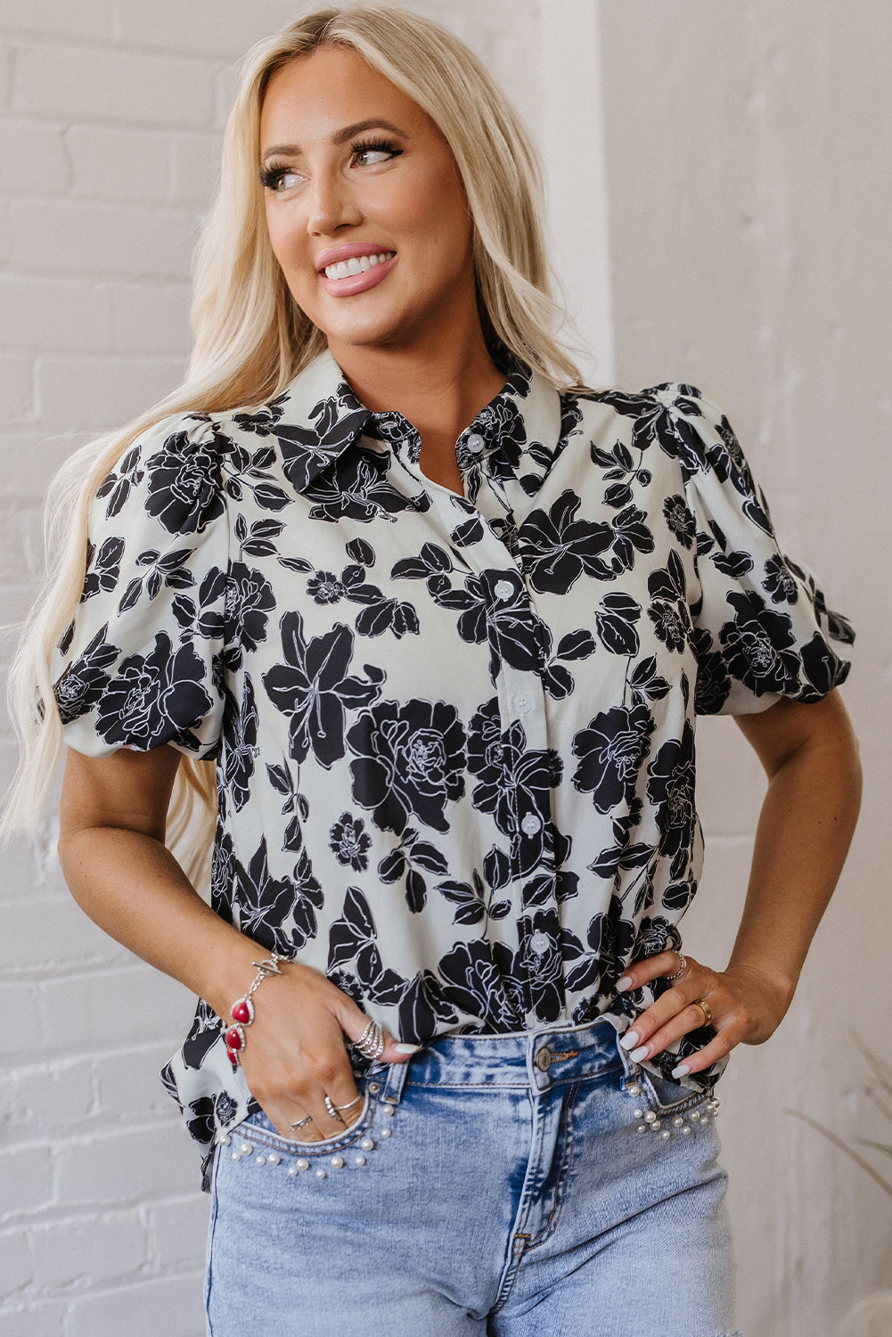 Floral Bubble Sleeve Casual Shirt