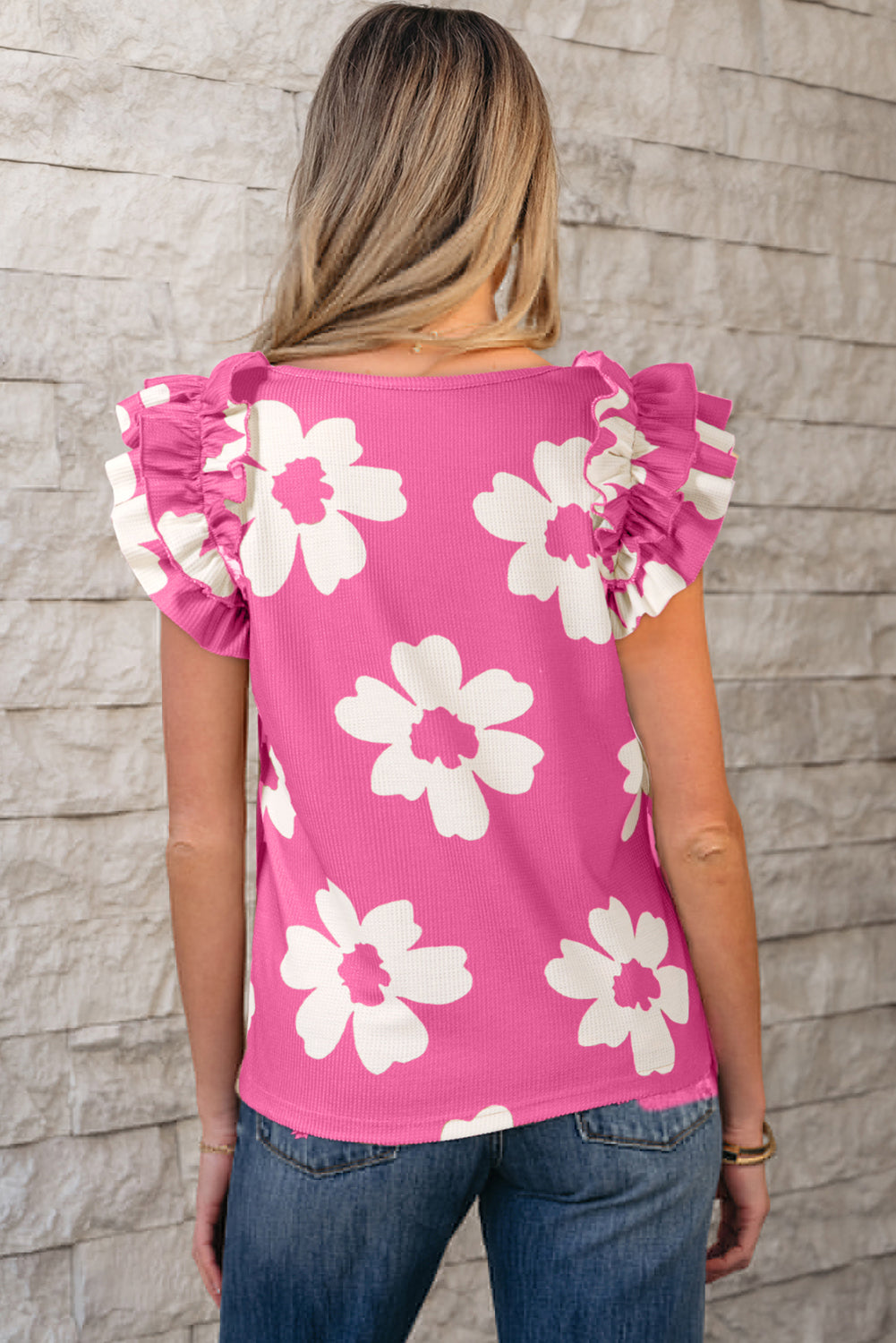 Floral Textured Ruffled Short Sleeve Square Neck Blouse