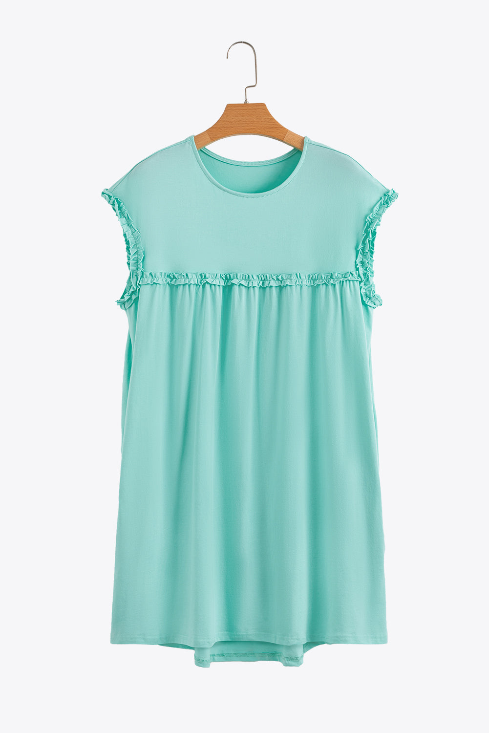 Frilled Trim Crew Neck Loose Fit Mini Dress