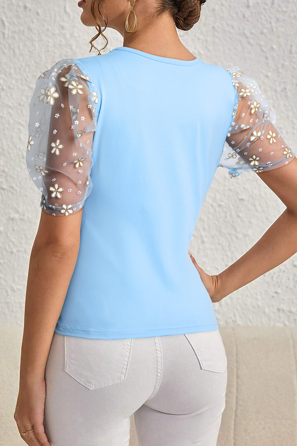 Floral Mesh Puff Sleeve Crew Neck Top