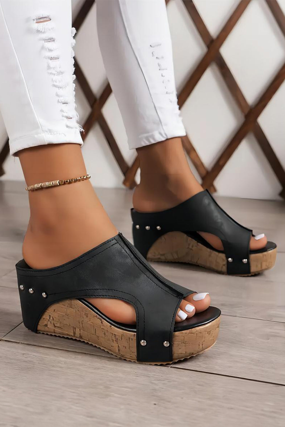 Hollow Out Studded PU Leather Wedge Sandals