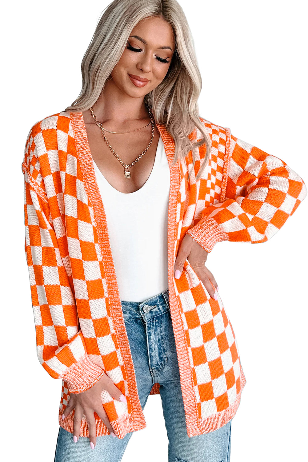 Checkered Open Front Drop Shoulder Cardigan