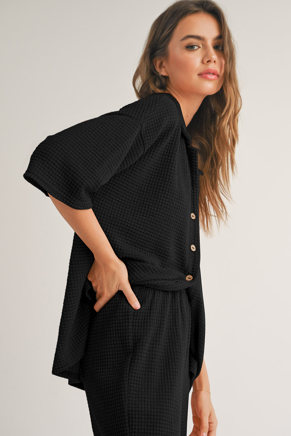 Solid Color Textured Buttoned Shirt and Casual Pants Set