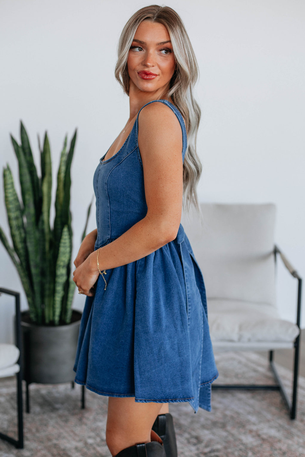 Square Neck Bowknot A-line Sleeveless Denim Dress