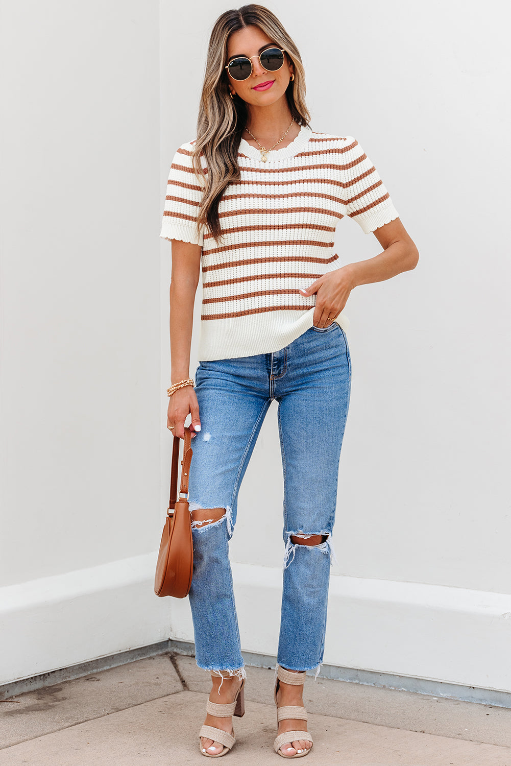 Scalloped Round Neck Short Sleeve Sweater