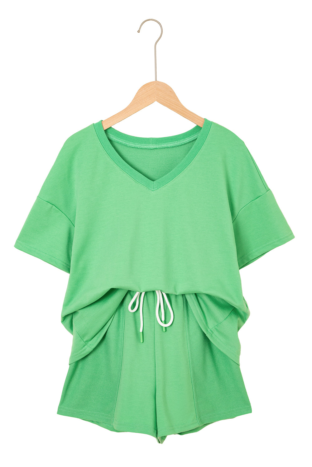 V Neck Drop Shoulder Tee and Patchwork Drawstring Shorts Set