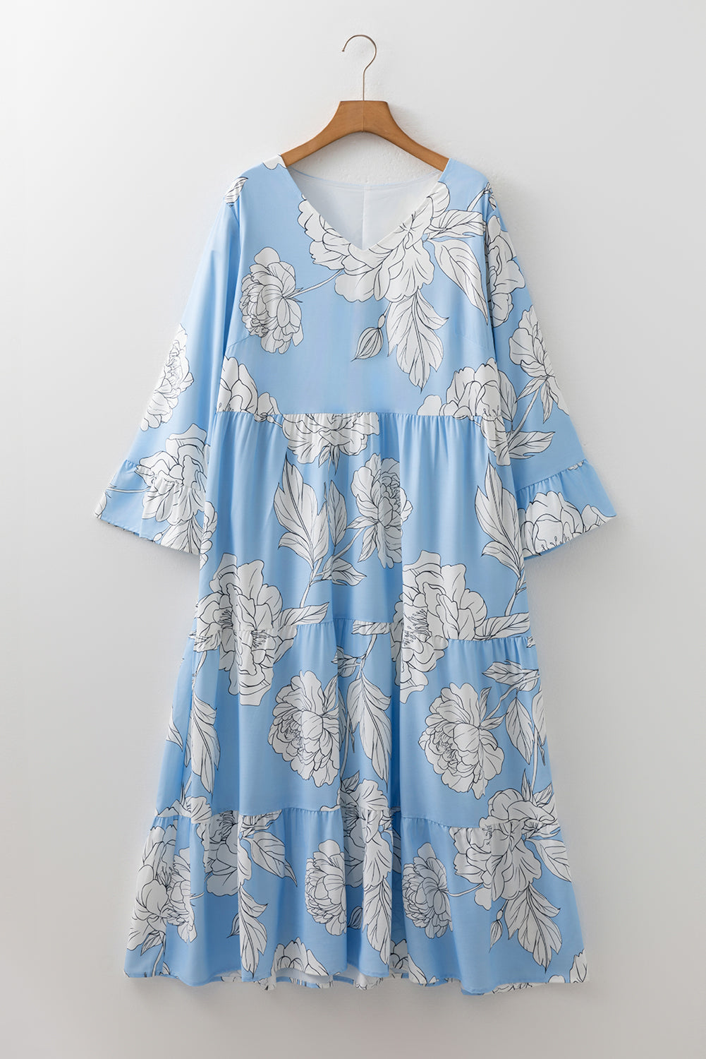 Floral Bracelet Sleeve V Neck Plus Size Tiered Maxi Dress