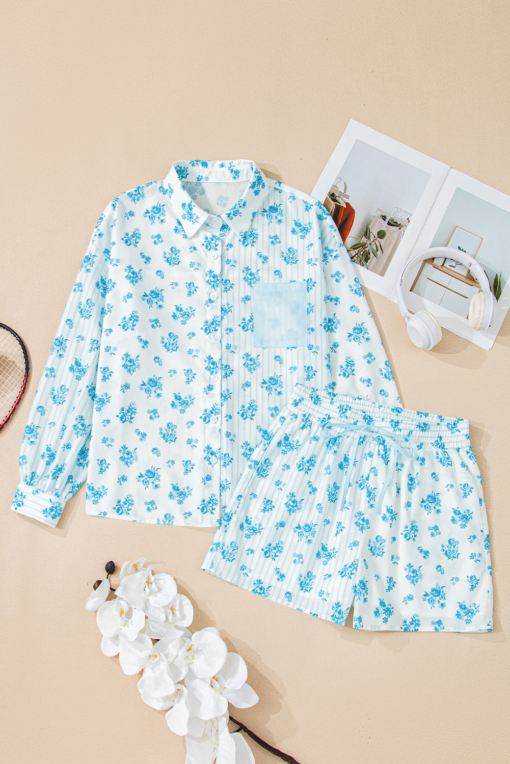 Floral Striped Print Contrast Patched Pocket Shirt and Shorts Set