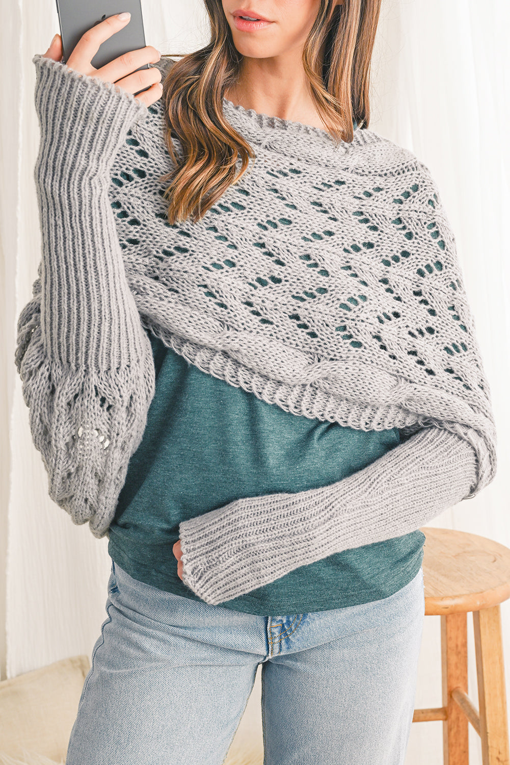 Cross Detail Hollowed Knit Scarf with Sleeves