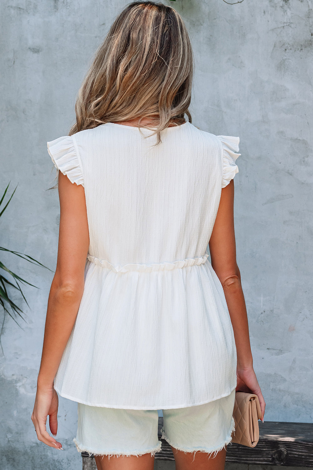 Textured Ruffled Trim V Neck Flutter Flowy Top