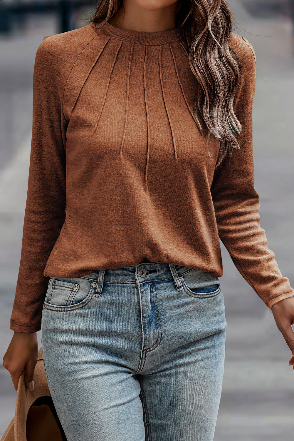 Solid Color Seam Detail Raglan Long Sleeve Top