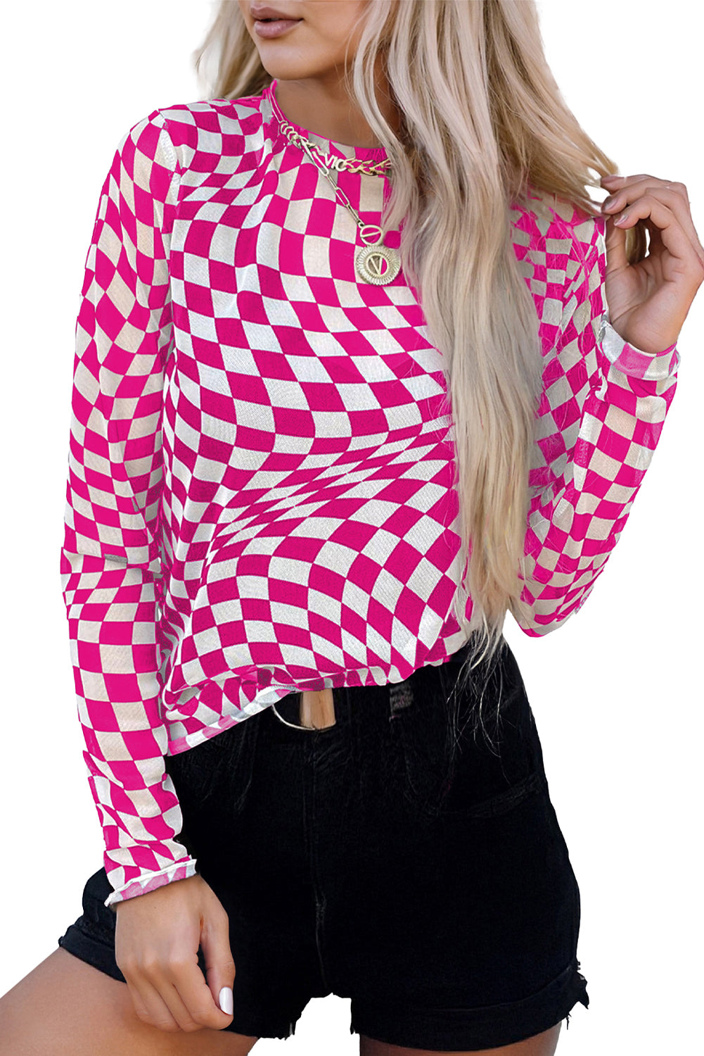 Checkered Pattern Mesh Mock Neck Long Sleeve Top