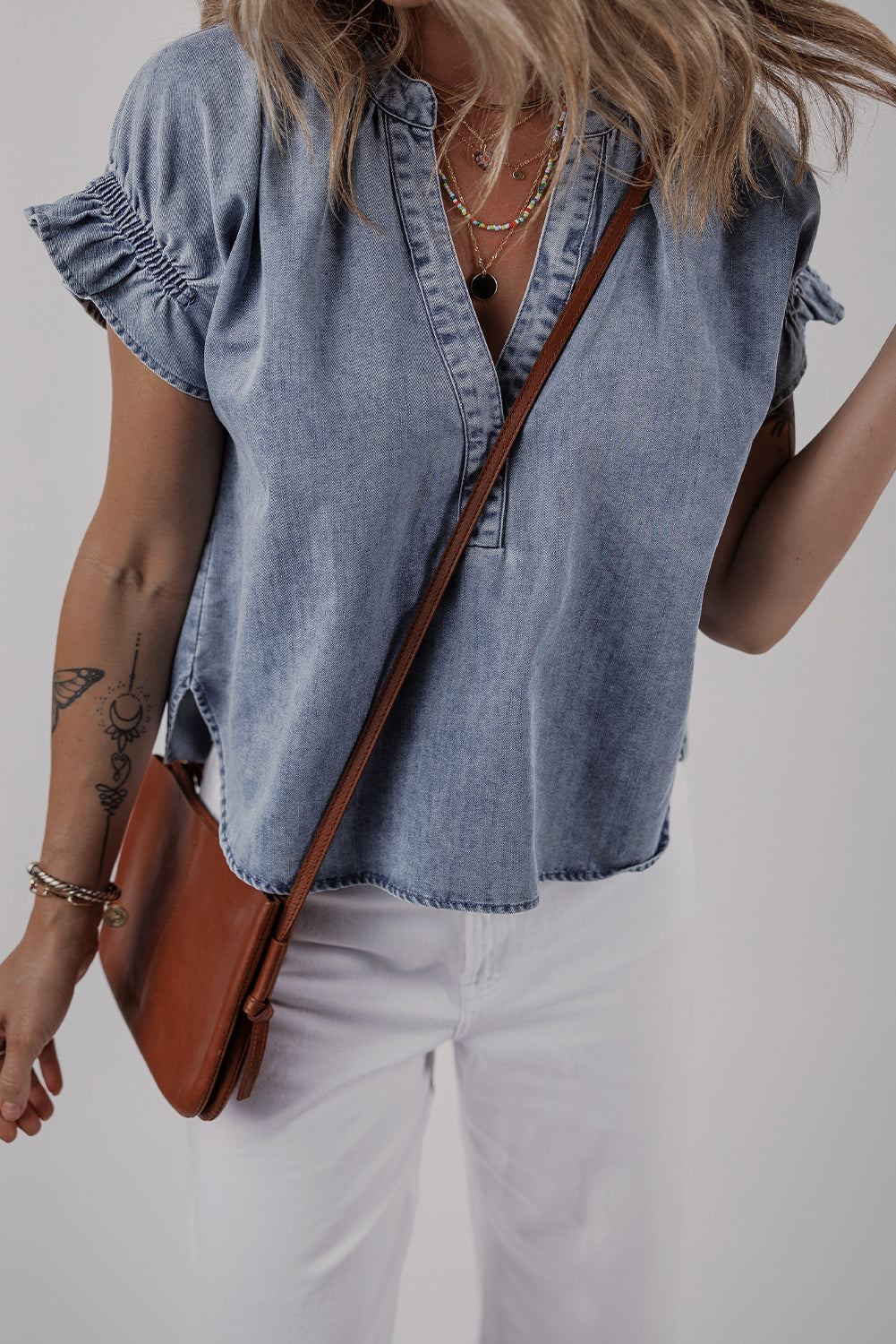V Neck Ruffled Short Puff Sleeve Denim Top
