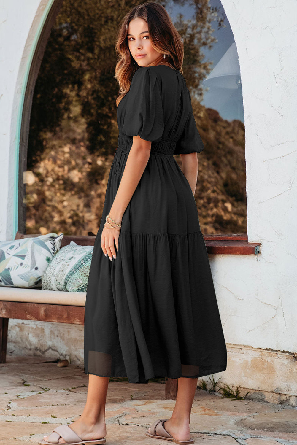 Puff Sleeve Pleated High Waist Flowy Long Dress