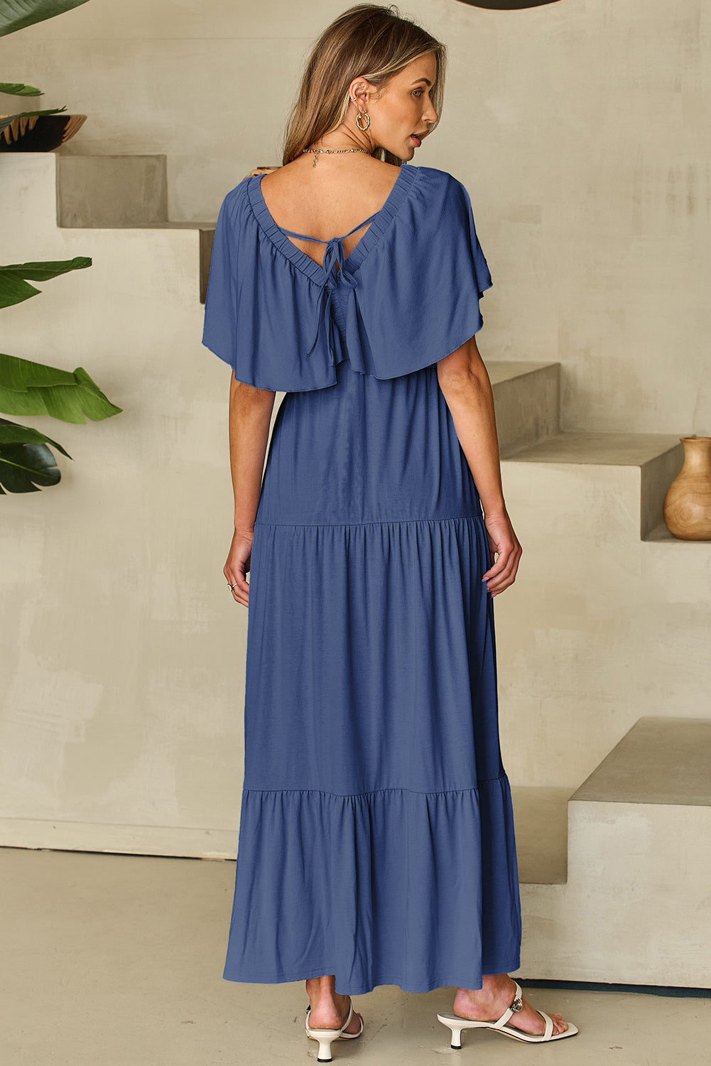 Textured V Neck Flutter Sleeve Ruffled Maxi Dress