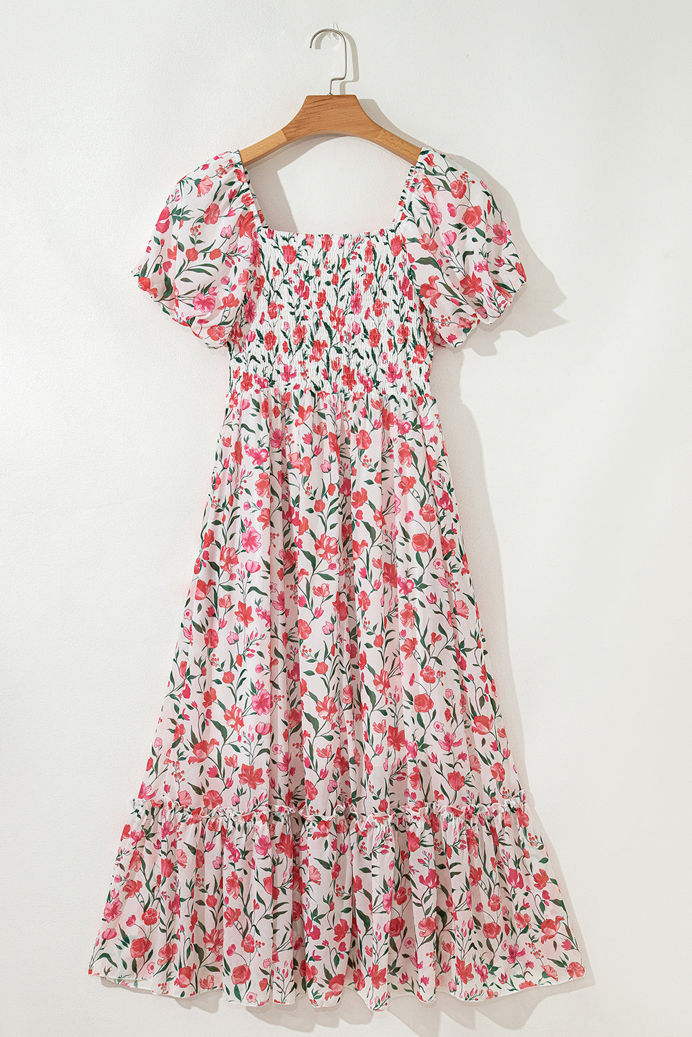 Floral Puff Sleeve Square Neck Empire Waist Tiered Maxi Dress