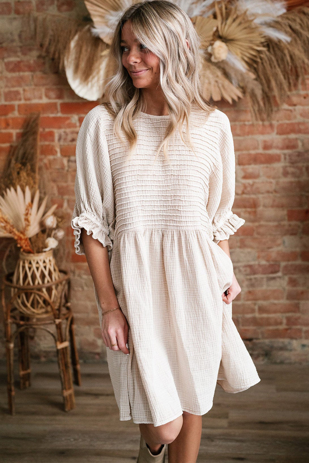 Textured Ruffled Puff Sleeve Loose Dress
