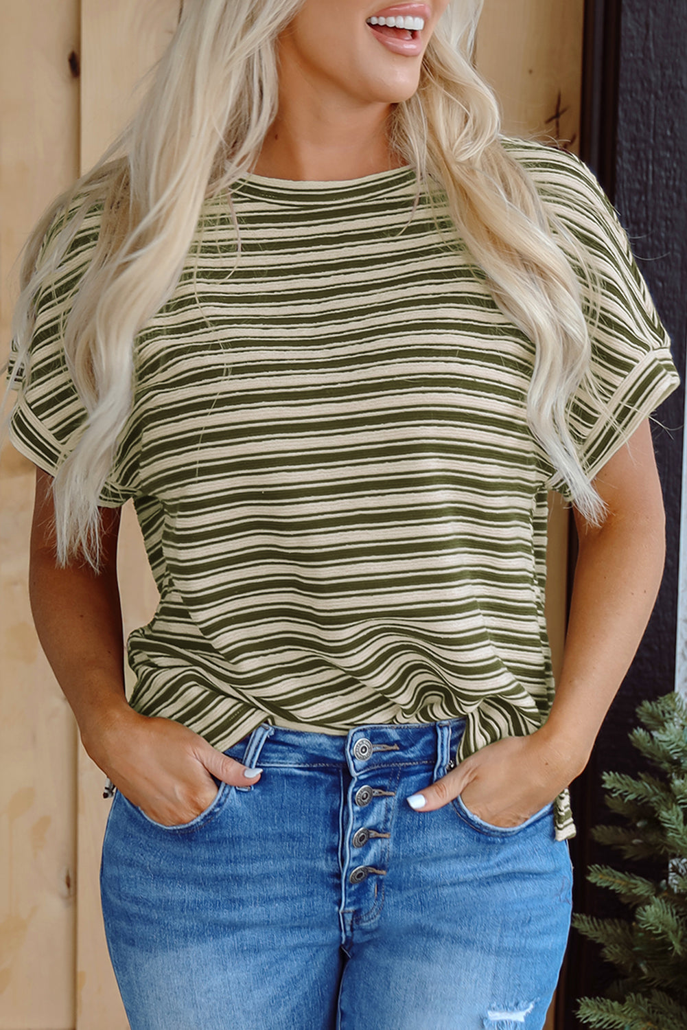 Textured Side Slits Crew Neck T Shirt