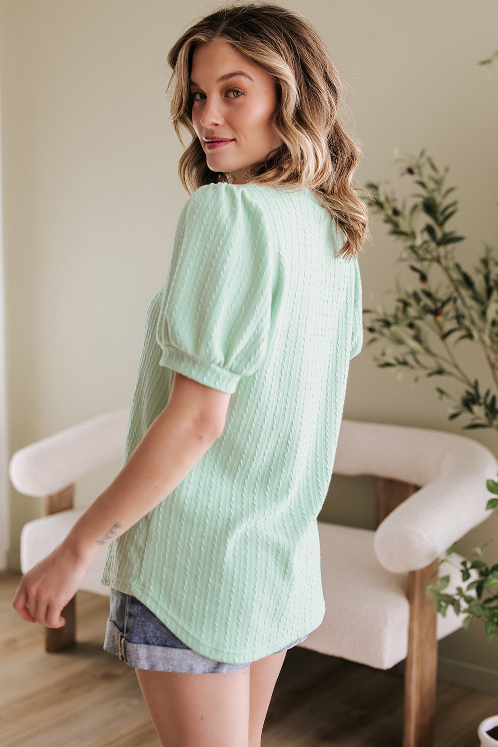 Textured Round Neck Short Puff Sleeve Top