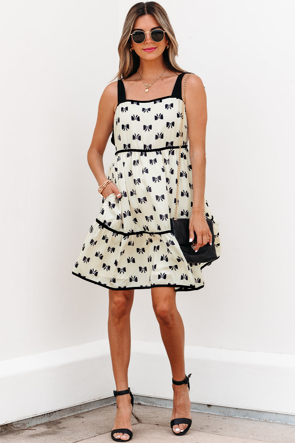 Bow Knot Color Contrast Trim Knotted Shoulder Mini Dress