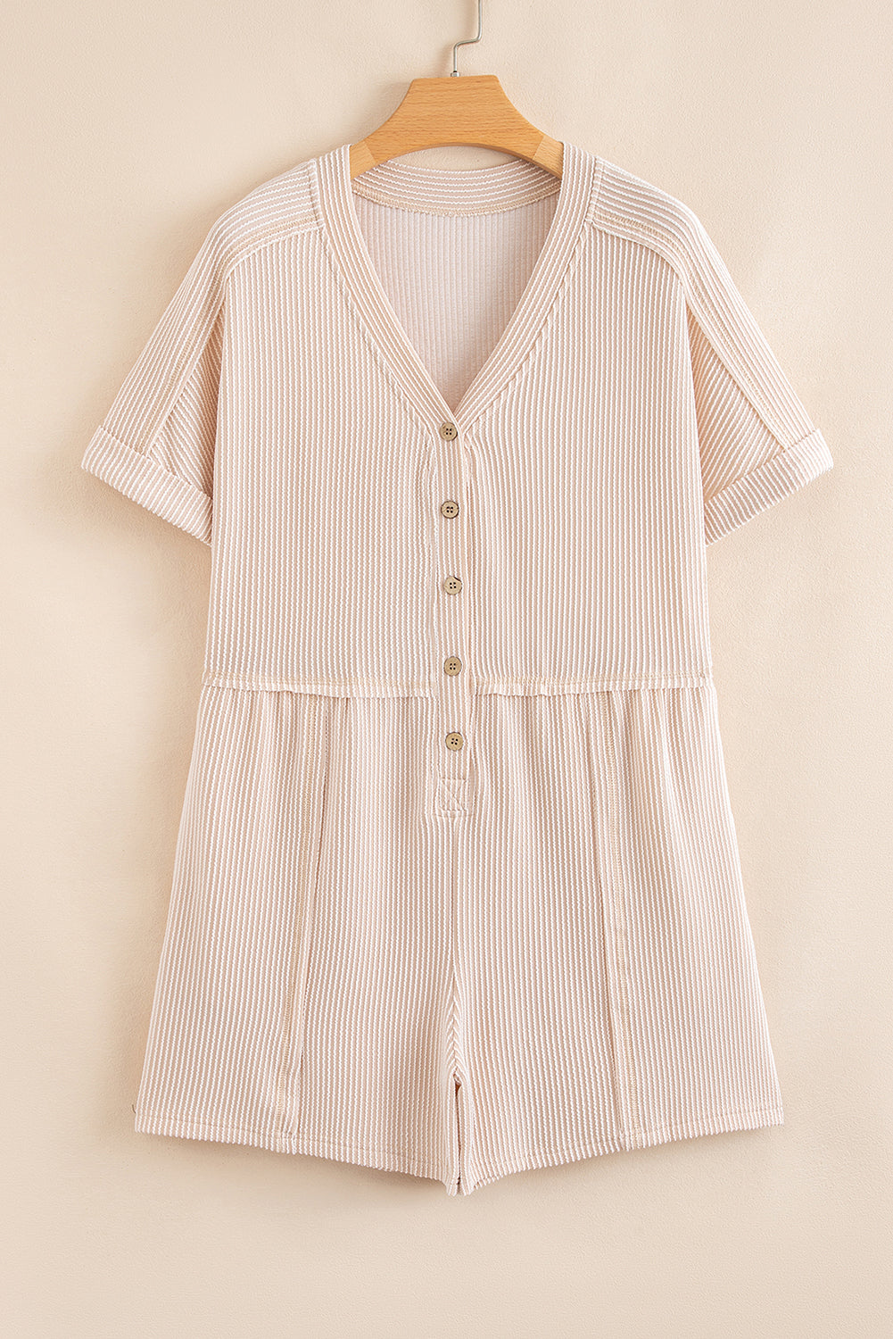 Spiral Ribbed Short Sleeve V Neck Buttoned Romper with Pocket