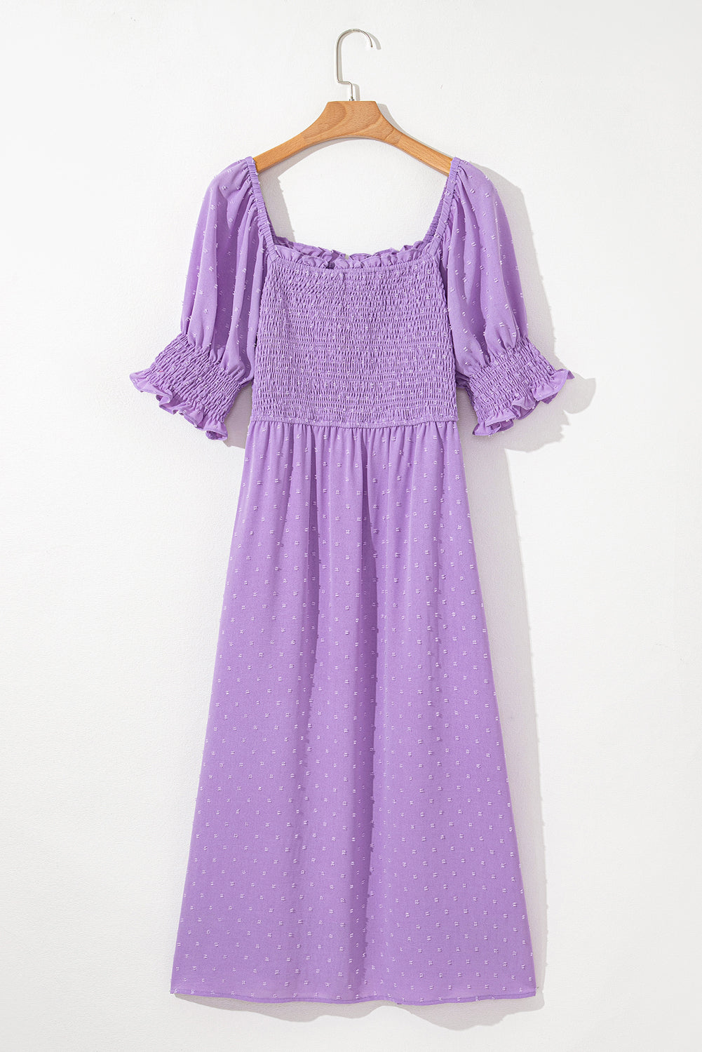 Swiss Dot Smocked Frilled Neckline Short Sleeve Plus Size Dress