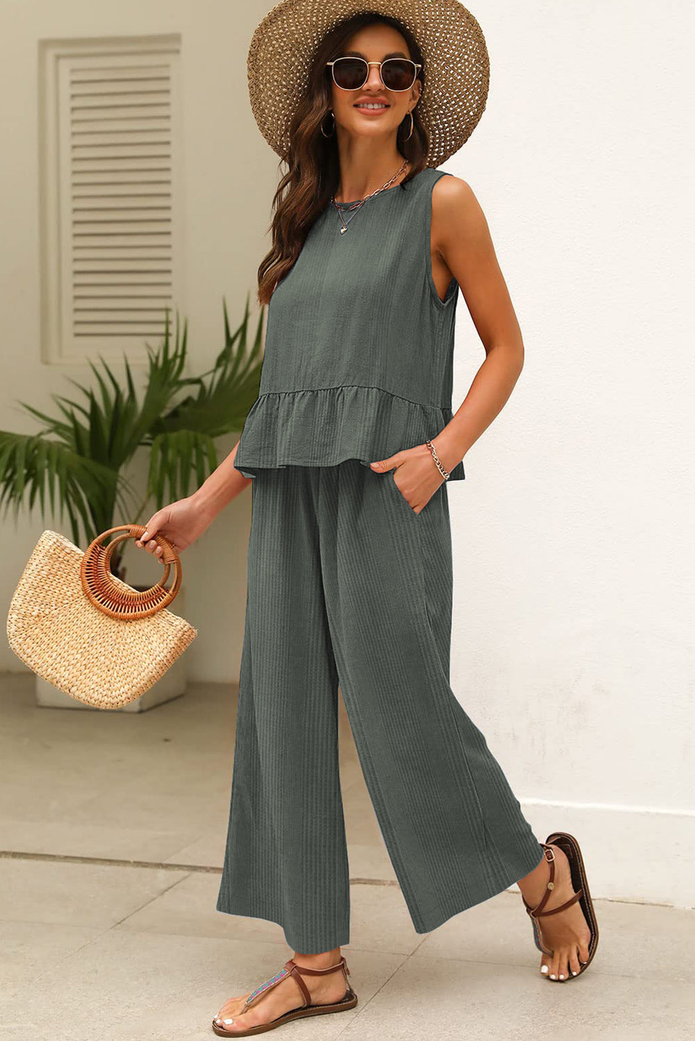 Solid Color Ribbed Ruffle Tank Top and Pants Set