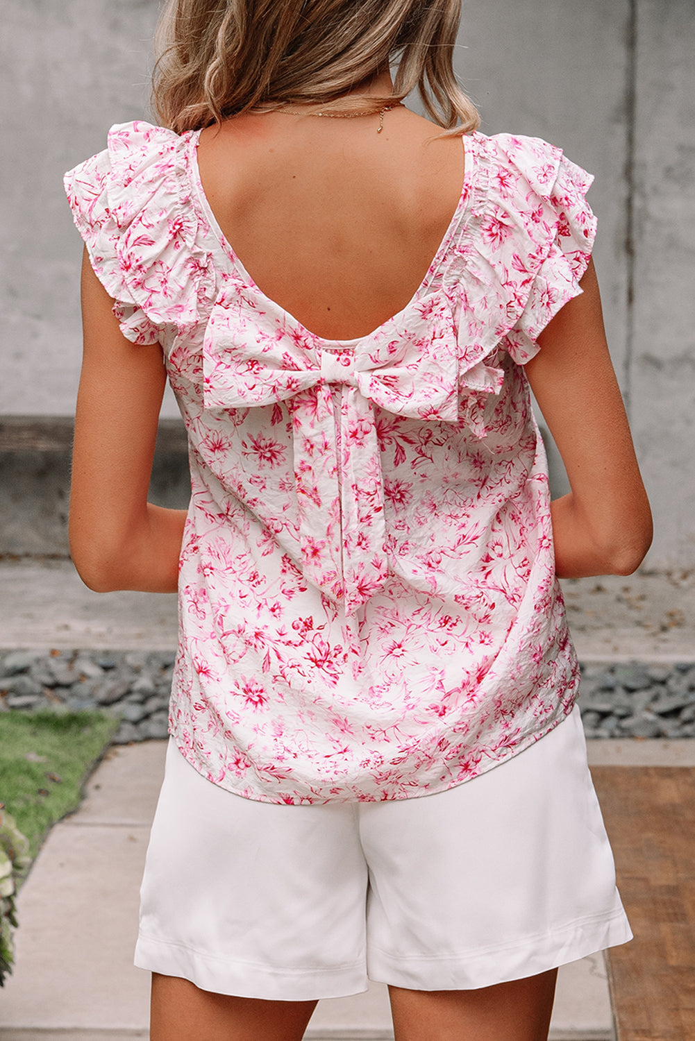 Floral Ruffled Short Sleeve Bow Back Square Neck Blouse