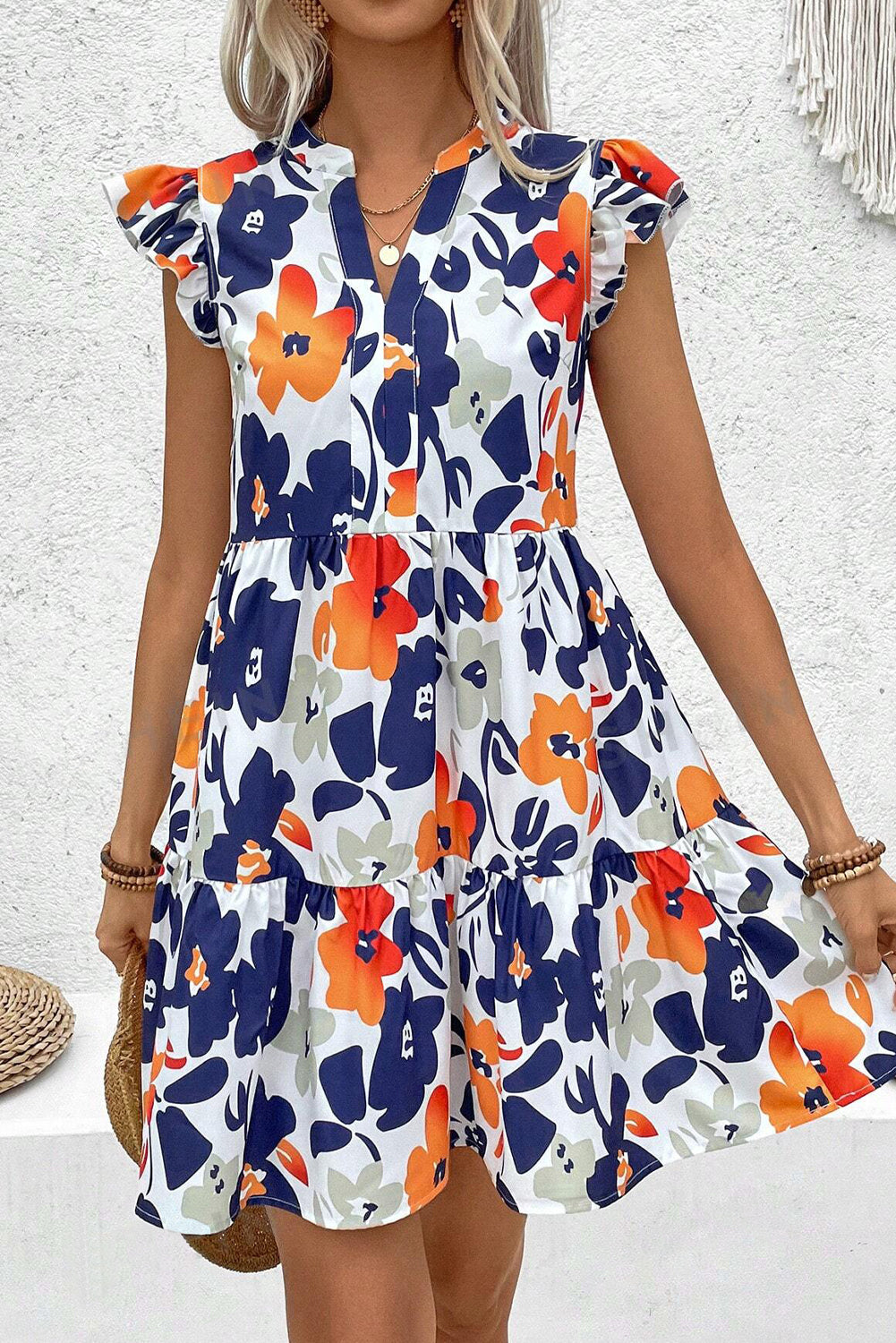 Floral Print Notched Neck Flutter Sleeve Mini Dress