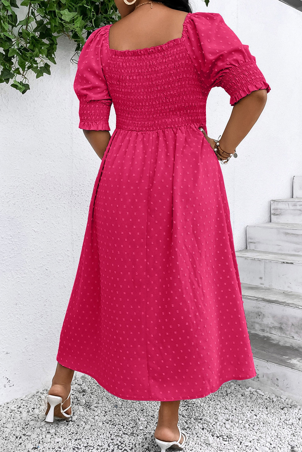 Swiss Dot Smocked Frilled Neckline Short Sleeve Plus Size Dress