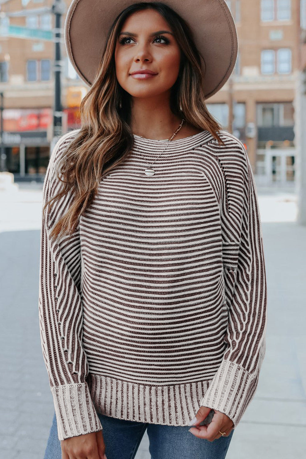 Striped Print Ribbed Knit Boat Neck Baggy Sweater