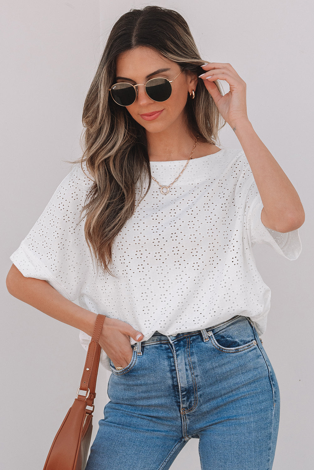 Eyelet Pattern Boat Neck Casual Tee
