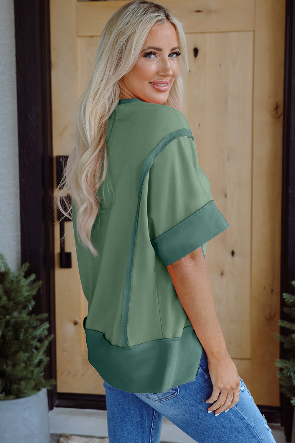 Half Sleeve Raw Seam High Low Side Split Top