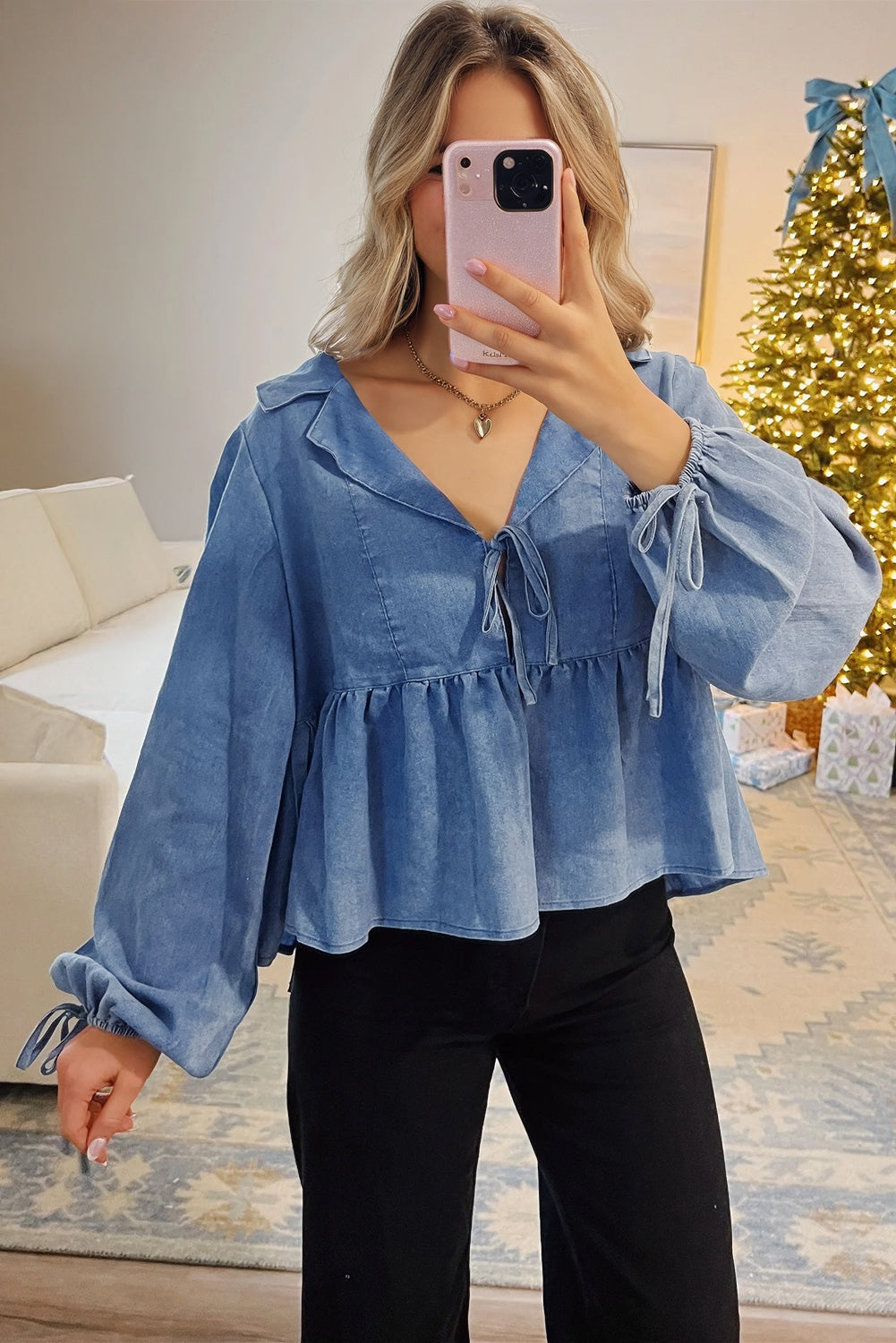 Denim Lapel Neck Balloon Sleeve Tied Peplum Top