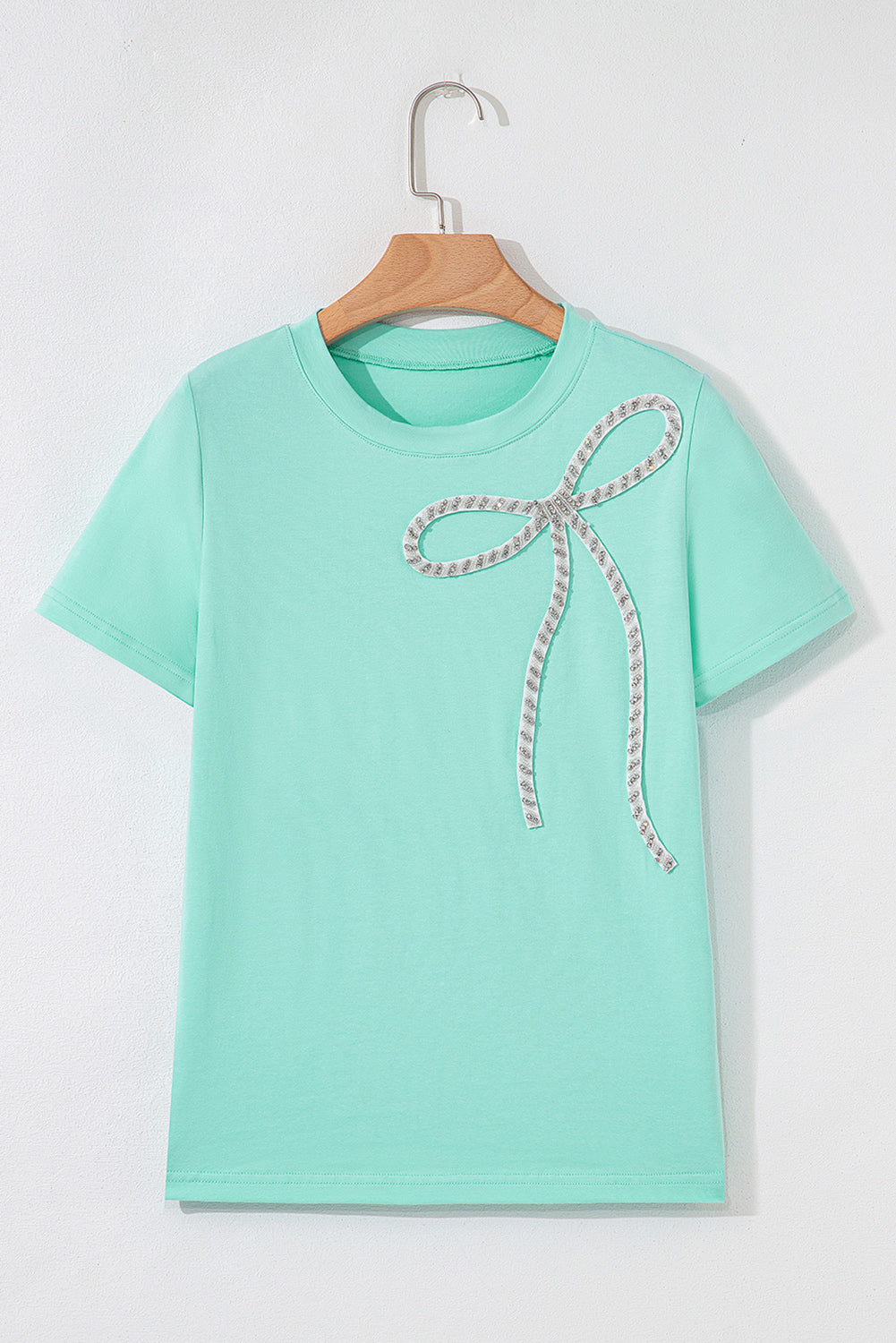 Rhinestone Bow Embellished Round Neck Tee