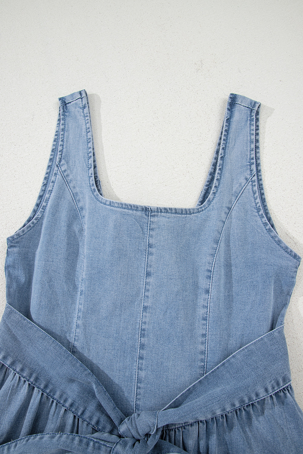 Square Neck Bowknot A-line Sleeveless Denim Dress
