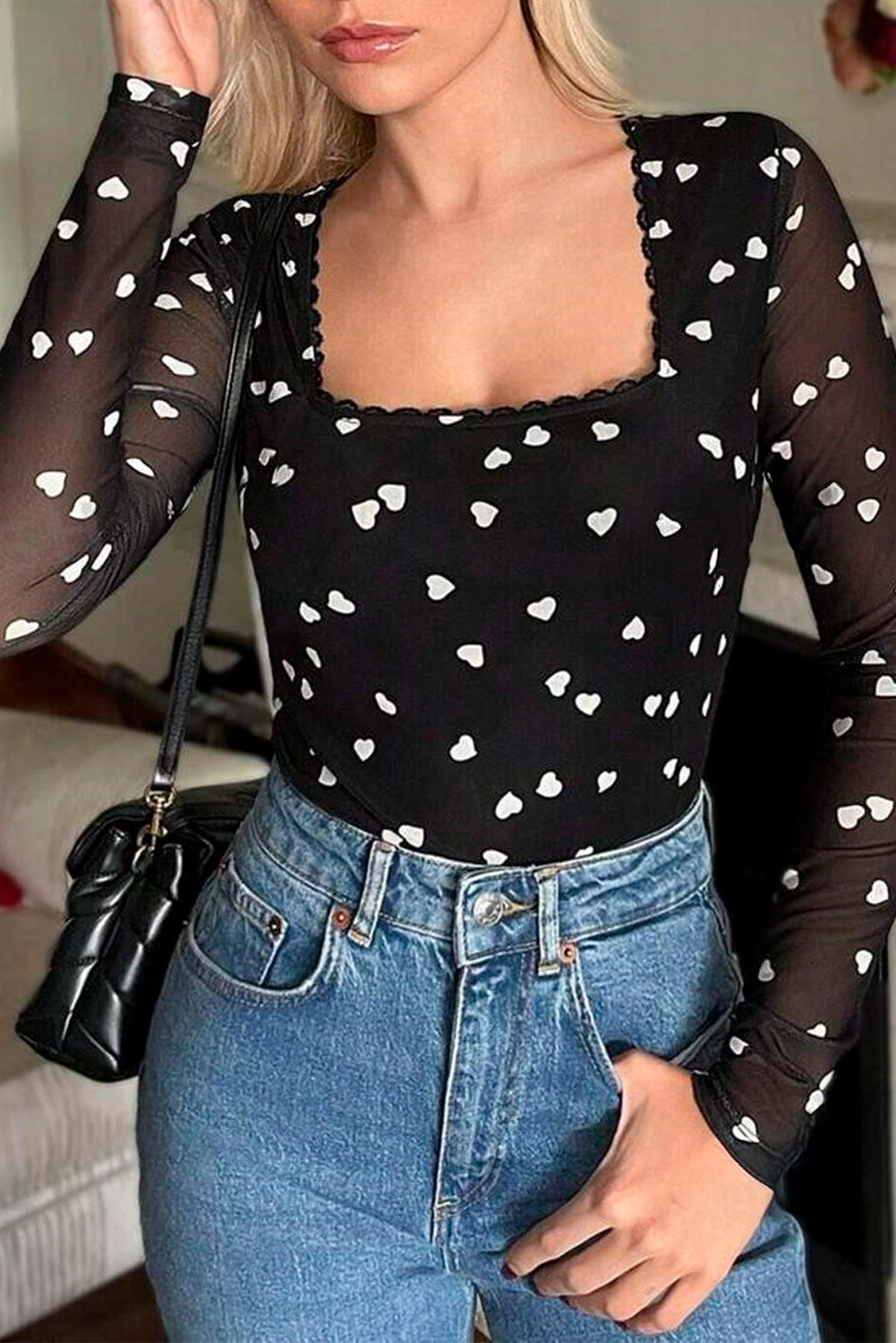 Heart Shape Mesh Patchwork Square Neck Bodysuit